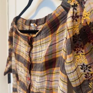 Plaid Off-Shoulder Blouse with Floral Sleeves